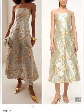 STAUD Strapless Floral Brocade Midi Dress in Mint and Peach